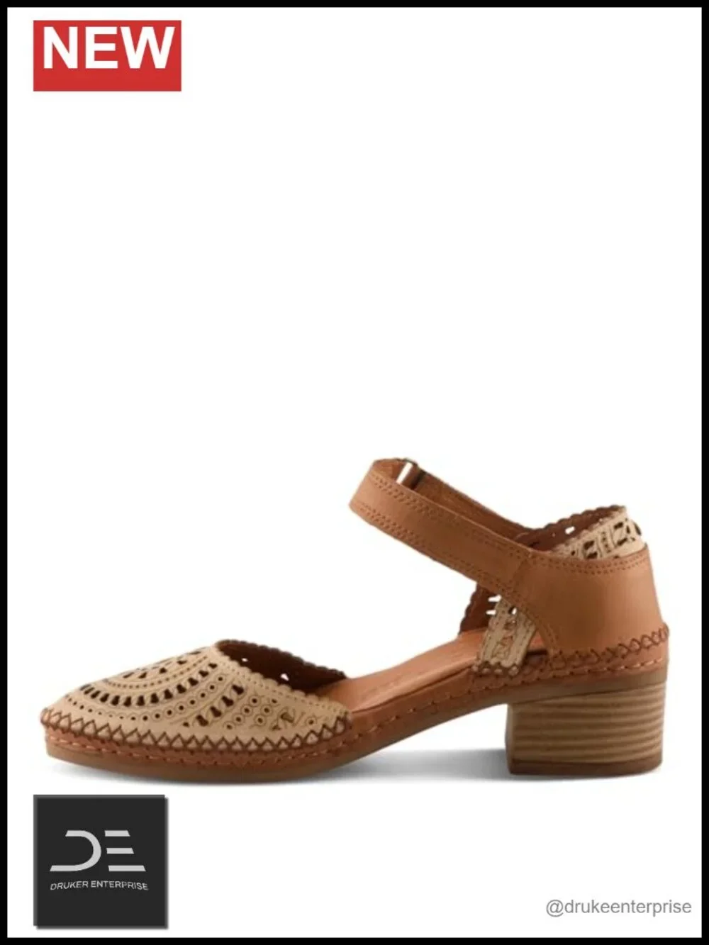 Women's Leather Block Heel Sandals Laser-Cut Cushioned Ankle Strap